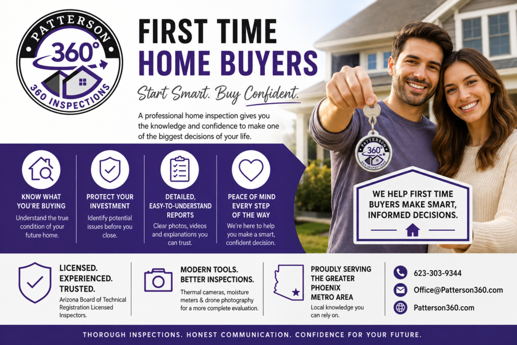 First-time home buyers holding keys after a Patterson 360 home inspection in Phoenix, Arizona