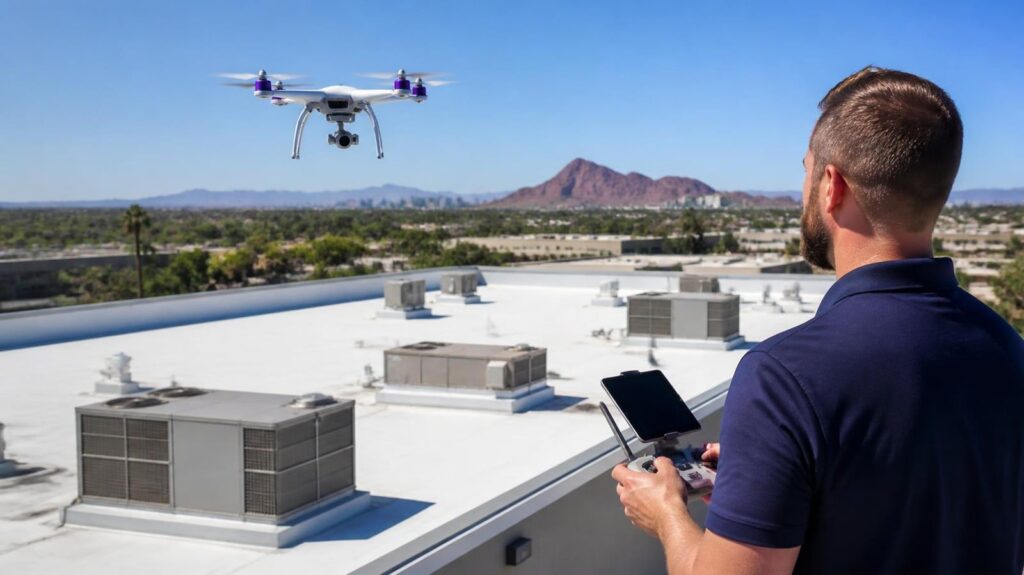 Patterson 360 inspector flying a drone over a commercial flat roof with HVAC units in Phoenix, Arizona