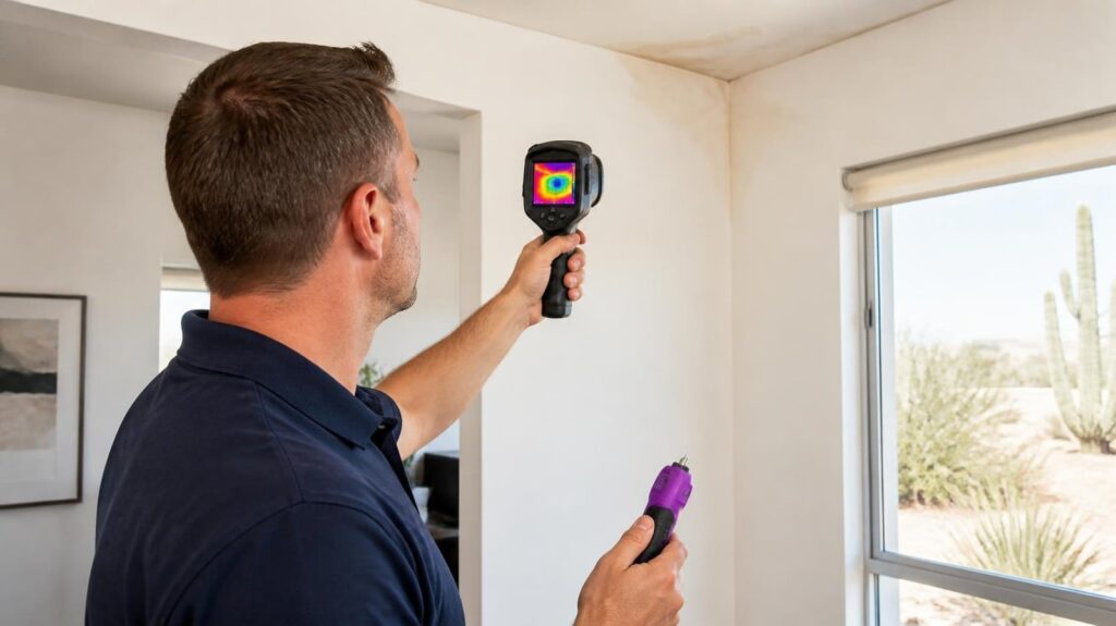 Patterson 360 inspector using a thermal imaging camera and moisture meter to diagnose a ceiling leak in an Arizona home