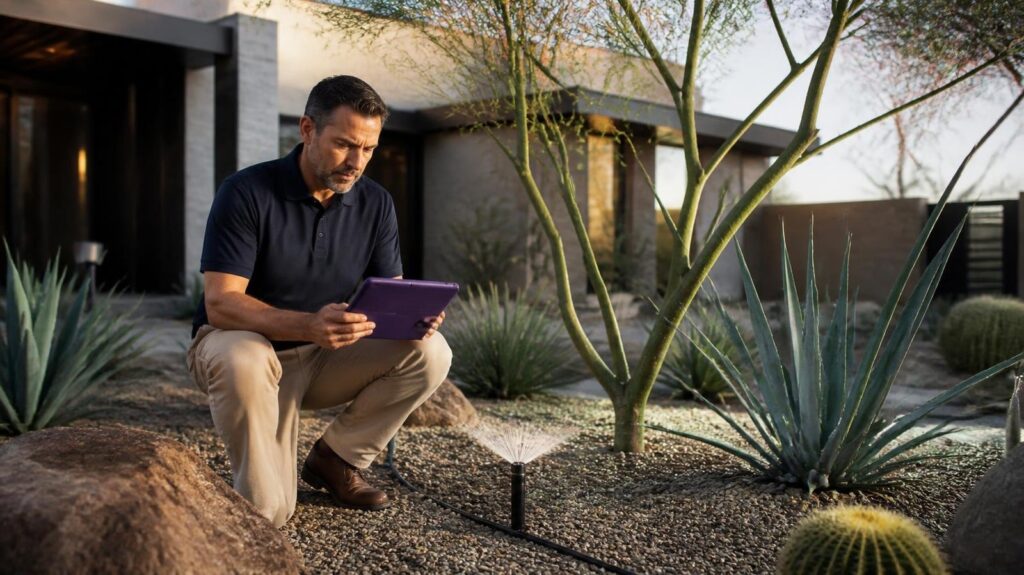 Patterson 360 inspector testing a drip irrigation line and sprinkler head in a desert-landscaped Arizona yard