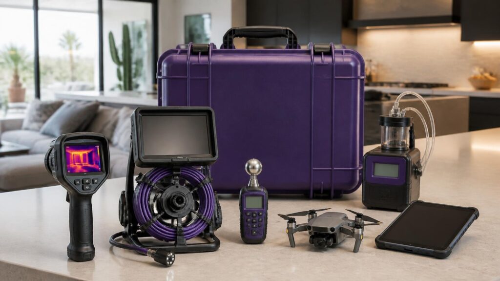 Patterson 360 inspection tools including thermal camera, sewer scope, moisture meter, drone and air sampling pump