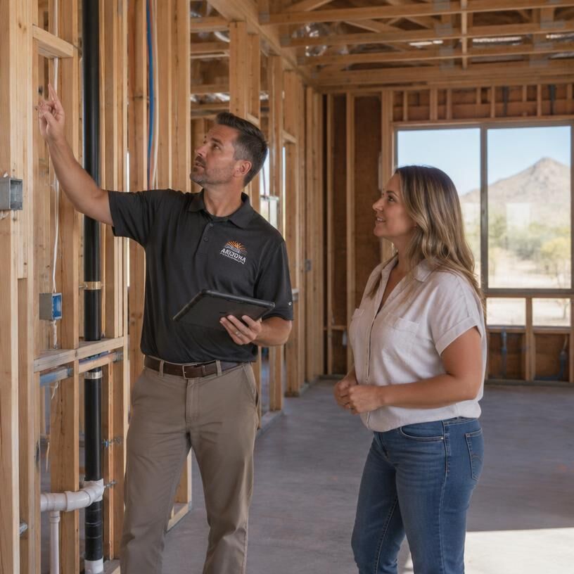 Patterson 360 inspector reviewing framing with a homeowner during a pre-drywall new construction inspection in Arizona