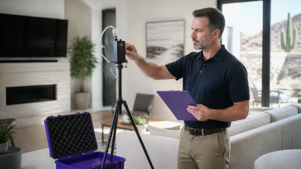 Patterson 360 inspector collecting an indoor air quality sample for mold testing in an Arizona home
