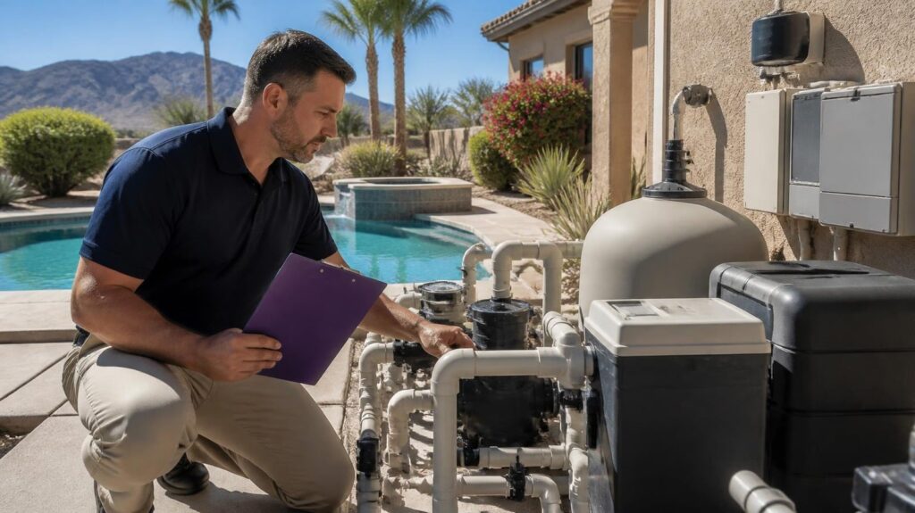 Patterson 360 inspector evaluating pool pump, filter and heater equipment beside a backyard pool and spa in Arizona