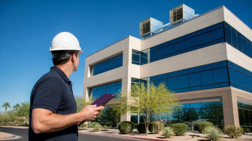 Patterson 360 commercial inspector with a tablet assessing an office building exterior and rooftop HVAC in Phoenix, Arizona